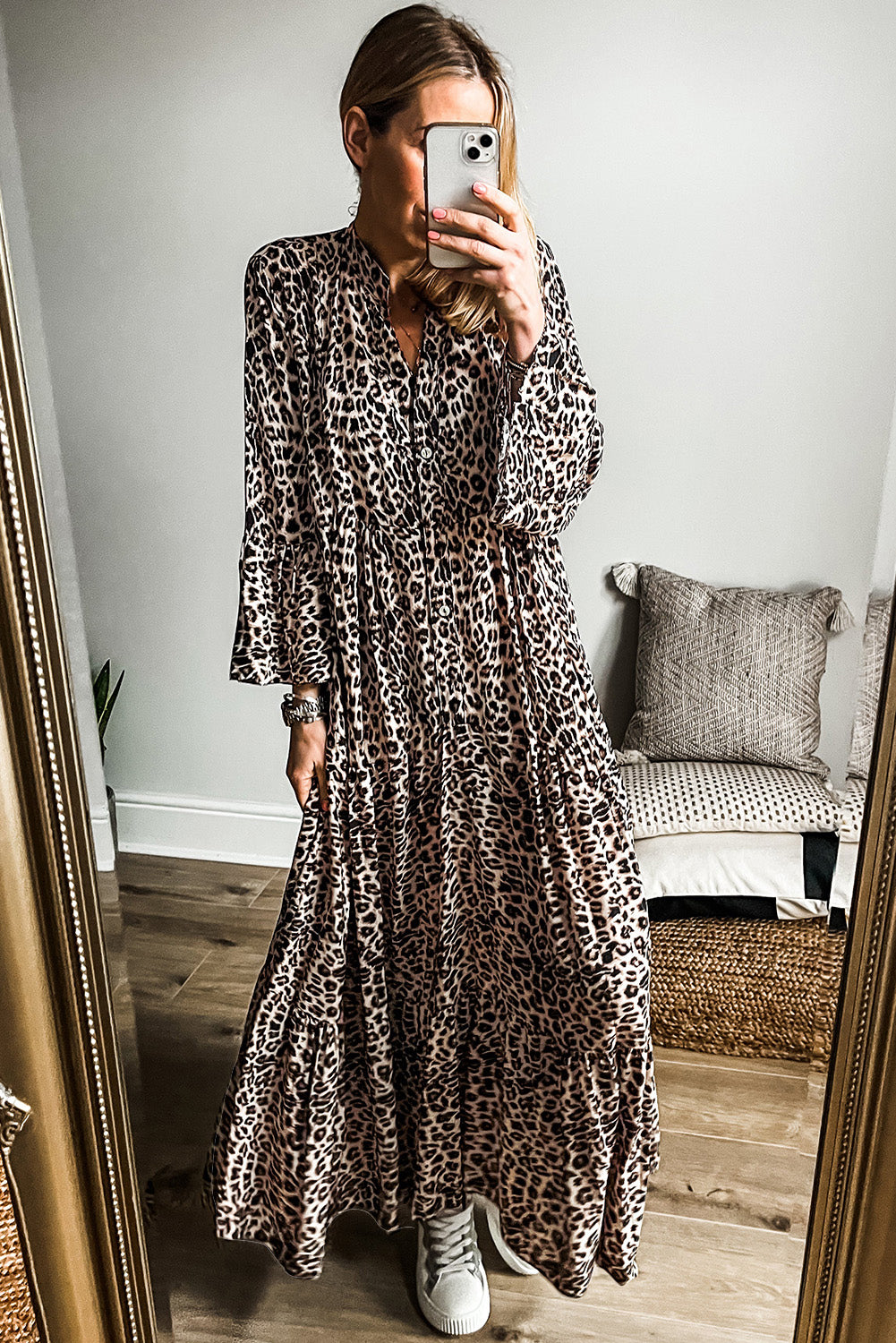 Apricot Leopard Print Tiered Wide Sleeve Long Dress Maxi Dresses JT's Designer Fashion