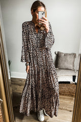 Apricot Leopard Print Tiered Wide Sleeve Long Dress Maxi Dresses JT's Designer Fashion
