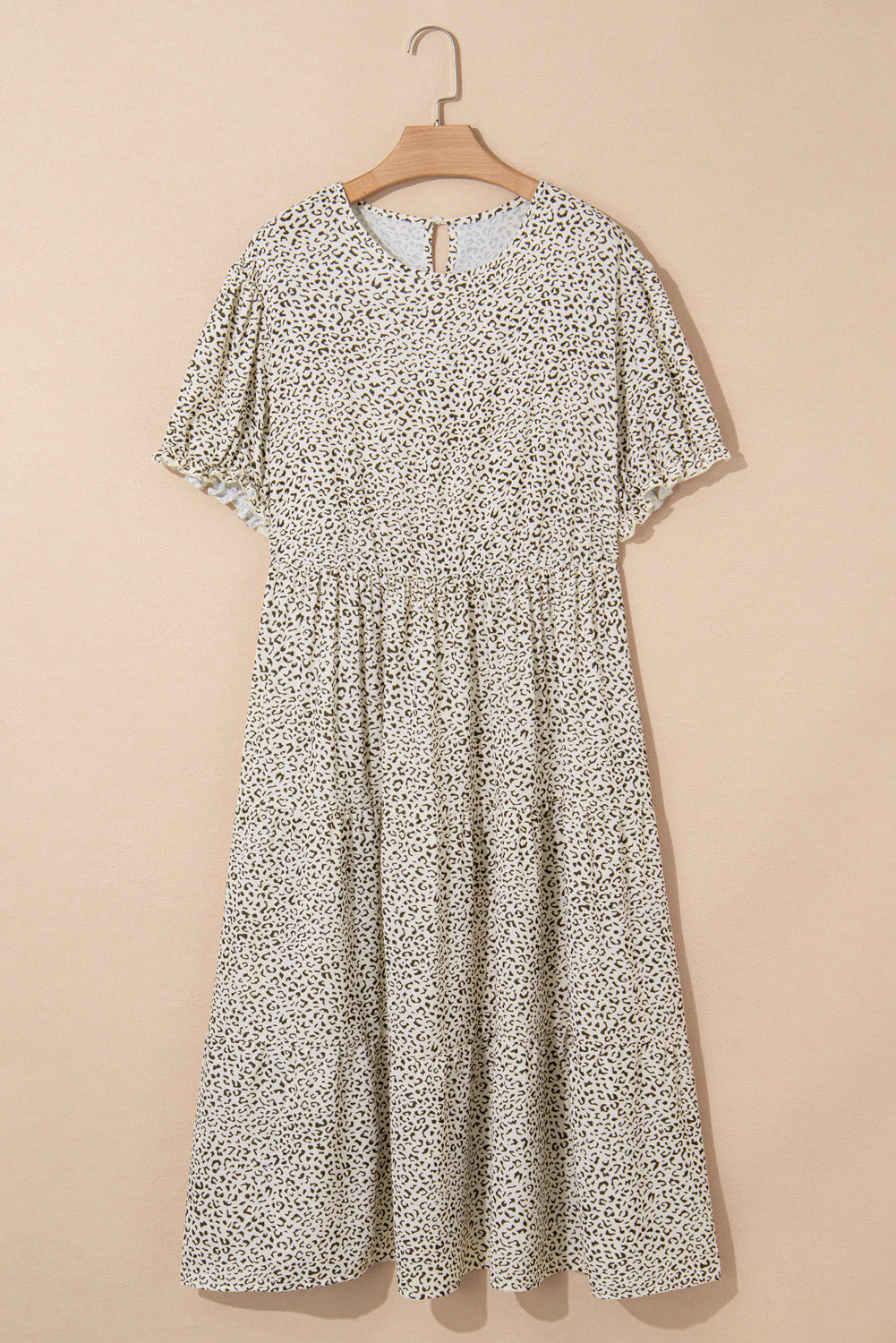 Beige Plus Size Leopard Print Frill Trim Short Sleeve Flared Dress Plus Size Midi Dresses JT's Designer Fashion