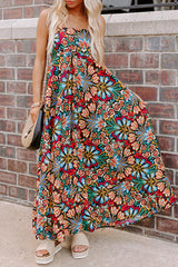 Black Boho Floral Print Thin Straps Sleeveless High Waist Maxi Dress Floral Dresses JT's Designer Fashion