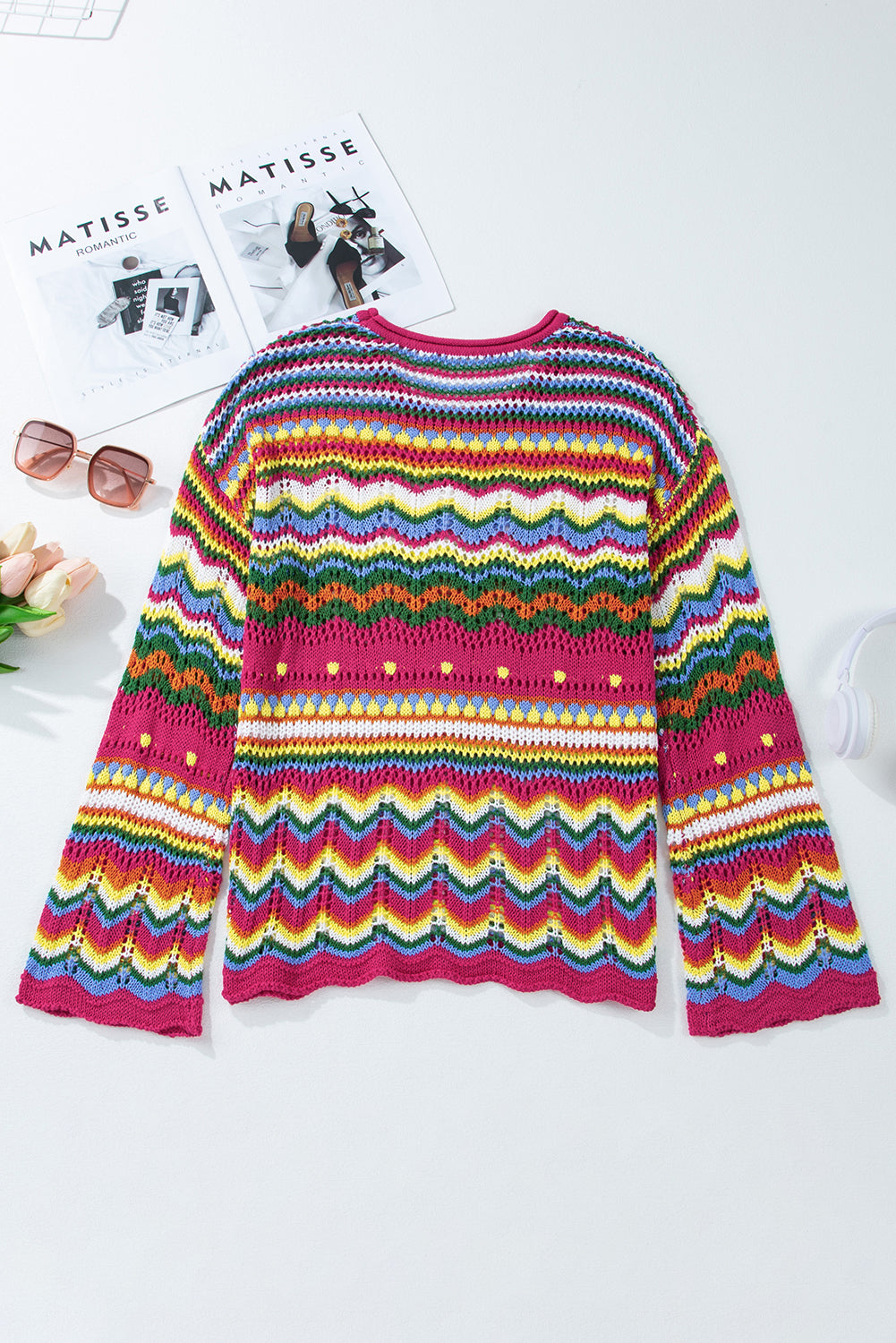 Rose Red Colorblock Striped Hollowed Knit Loose Sleeve Sweater Sweaters JT's Designer Fashion