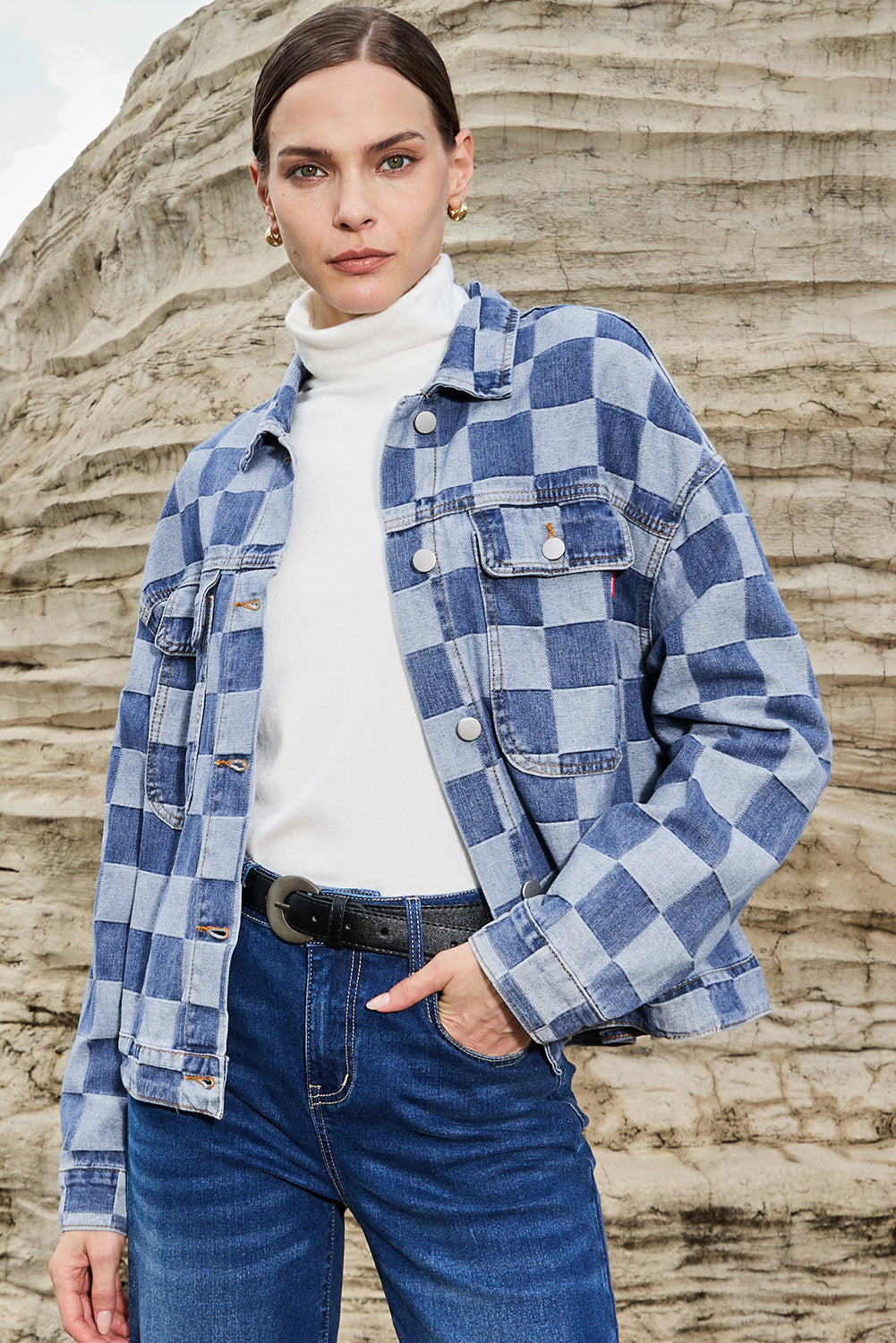Light Blue Checkered Patchwork Button up Denim Jacket Denim Jackets JT's Designer Fashion