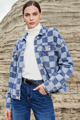 Light Blue Checkered Patchwork Button up Denim Jacket Denim Jackets JT's Designer Fashion