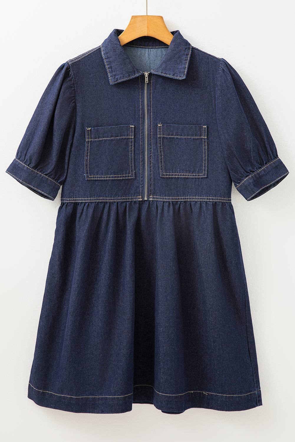 Dirty blue Zipped up Bodice Collared Short Puff Sleeve Denim Dress Mini Dresses JT's Designer Fashion