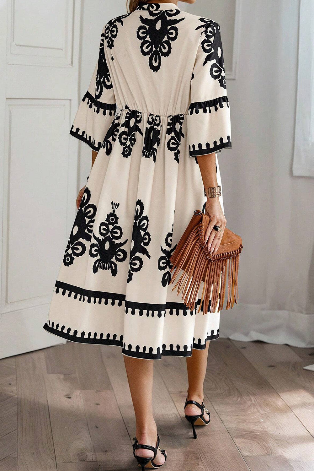 Beige Western Geometric Print 3/4 Sleeve Loose Midi Dress Midi Dresses JT's Designer Fashion