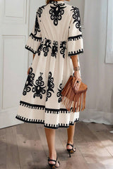 Beige Western Geometric Print 3/4 Sleeve Loose Midi Dress Midi Dresses JT's Designer Fashion