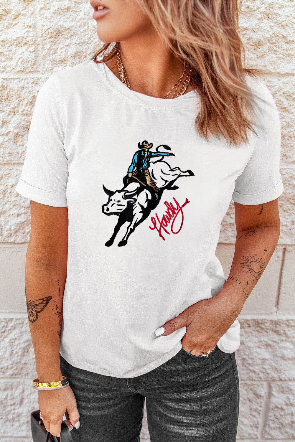 White Cowboy Howdy Embroidered Western Fashion T Shirt Graphic Tees JT's Designer Fashion