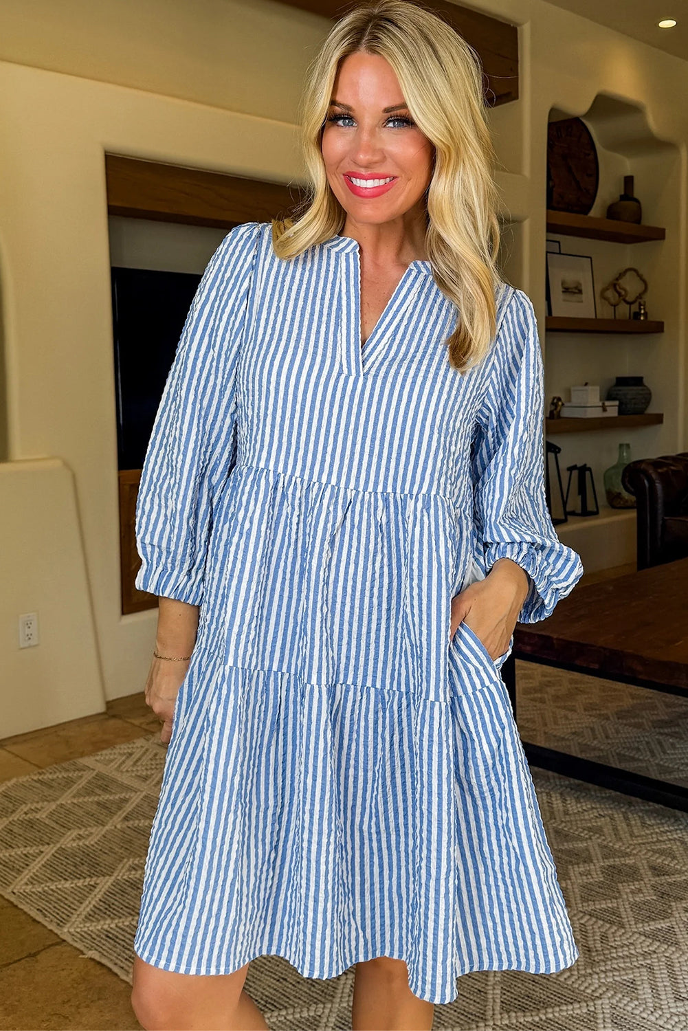Sky Blue Stripe Bracelet Sleeve Tiered Shift Dress with Pockets JT's Designer Fashion