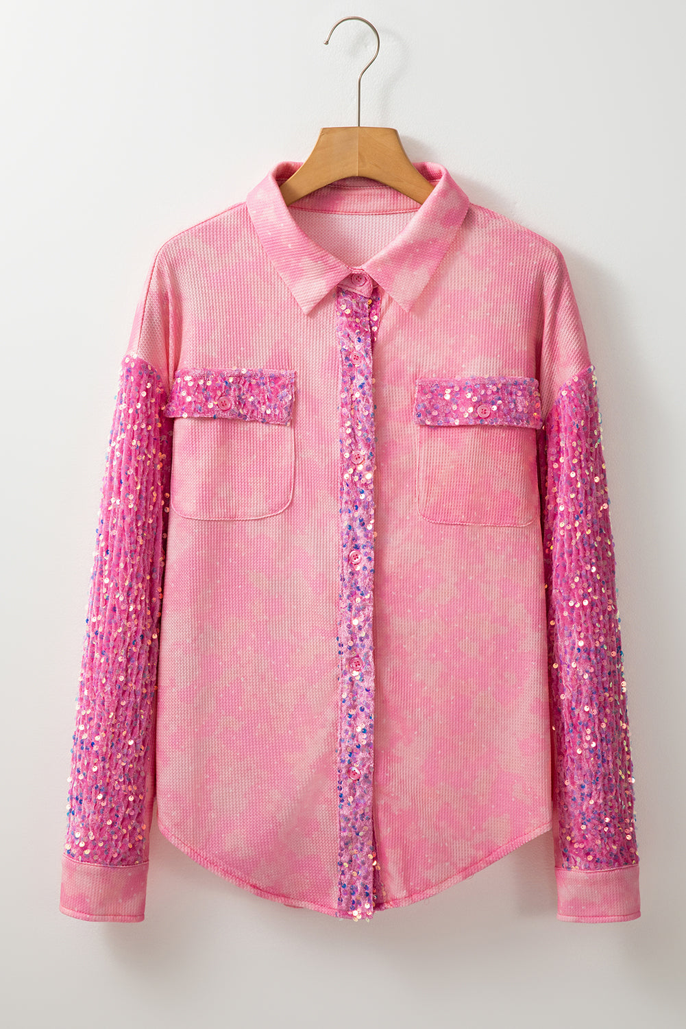Apricot Pink Mineral Wash Sequin Patchwork Flap Pocket Shacket Jackets JT's Designer Fashion