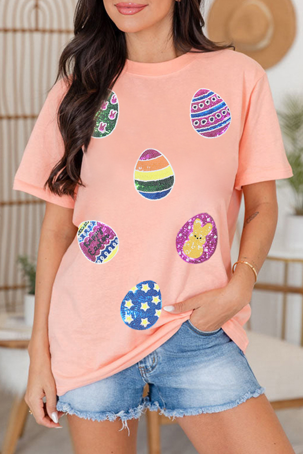 Pink Sequin Easter Eggs Graphic Crewneck T Shirt Graphic Tees JT's Designer Fashion