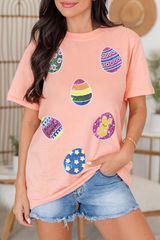 Pink Sequin Easter Eggs Graphic Crewneck T Shirt Graphic Tees JT's Designer Fashion
