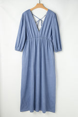 Myosotis Chambray Deep V Neck Bracelet Sleeve Long Dress Maxi Dresses JT's Designer Fashion