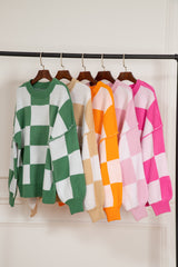 Pink Checkered Bishop Sleeve Sweater Sweaters JT's Designer Fashion