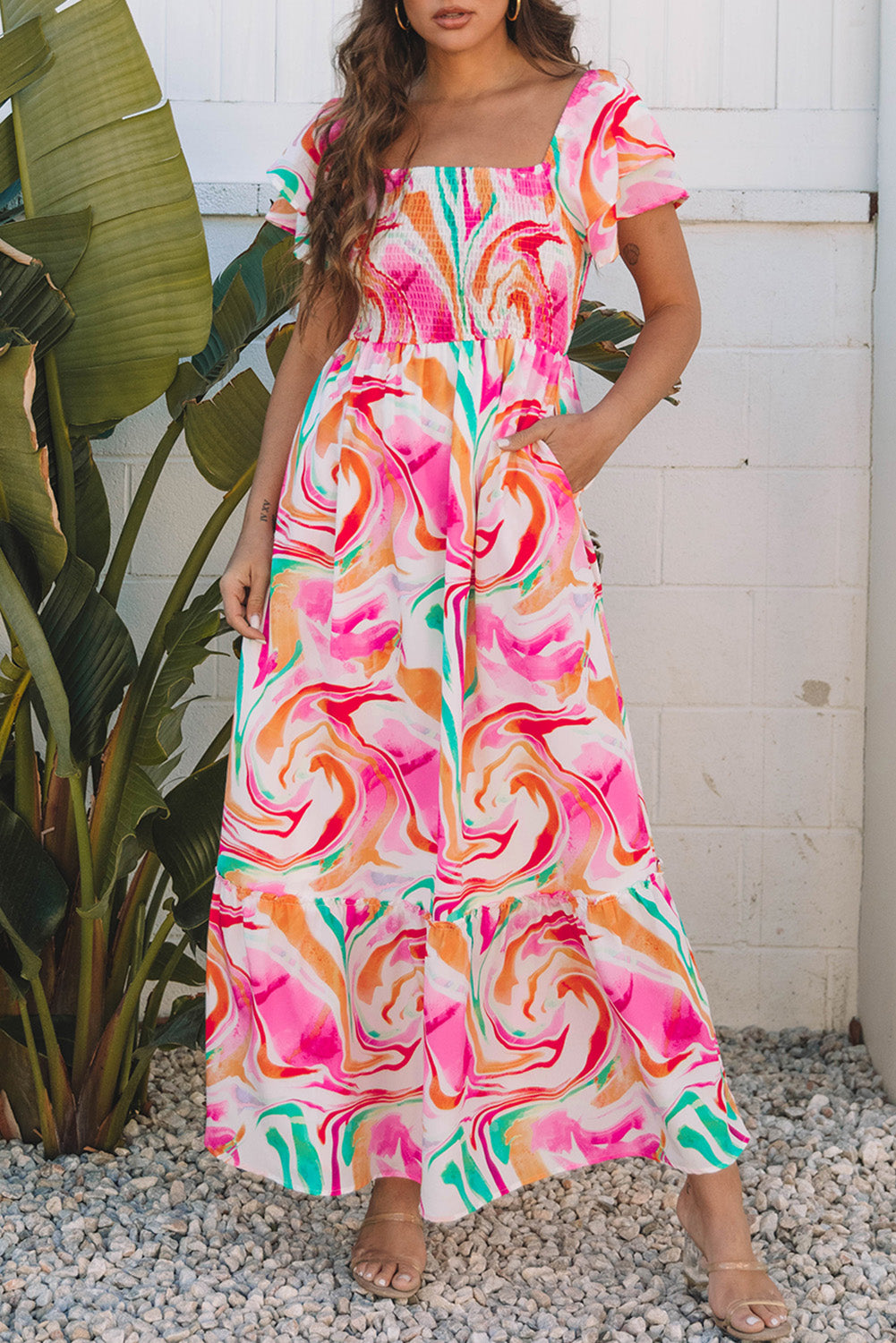 Pink Abstract Print Ruffled Sleeve Smocked Bust Long Dress Maxi Dresses JT's Designer Fashion