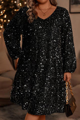 Color black Plus Size Bubble Sleeve V Neck Sequin Dress Plus Size Mini Dresses JT's Designer Fashion
