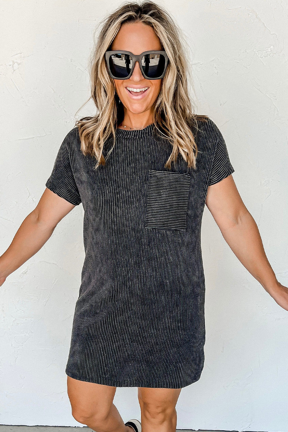 Gray Striped Ribbed Knit T-shirt Shift Dress T Shirt Dresses JT's Designer Fashion