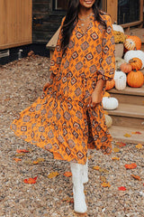 Orange Western Geometric Print Tiered Frilled Loose Fit Midi Dress Midi Dresses JT's Designer Fashion