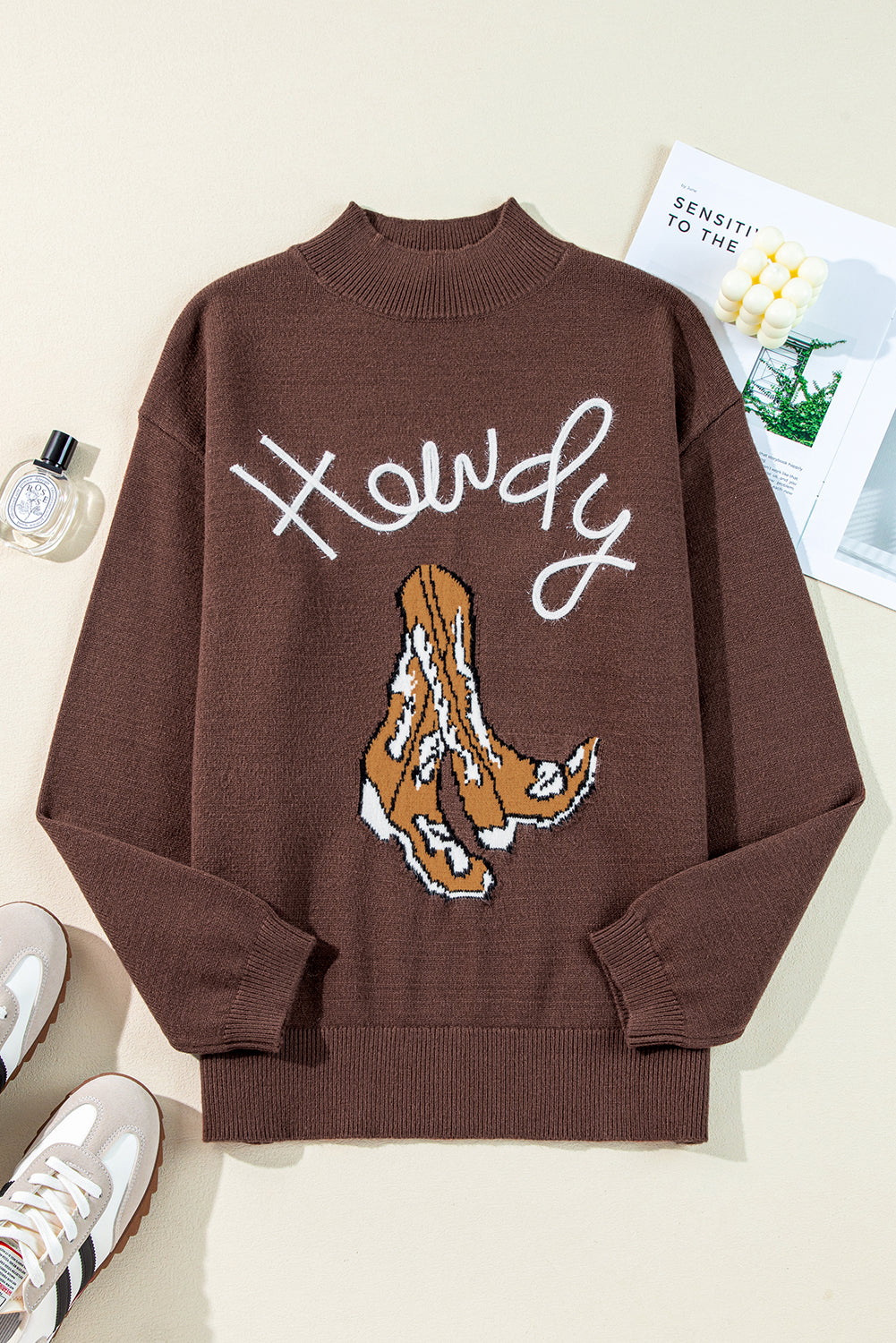 Coffee Western Howdy Boot Graphic High Neck Sweater Sweaters JT's Designer Fashion