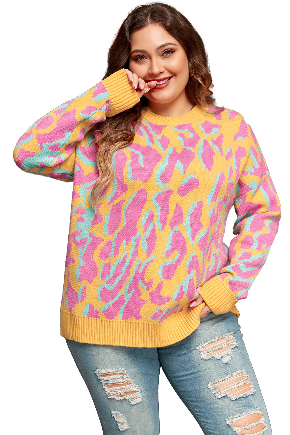 Bright Pink Plus Size Leopard Ribbed Trim Sweater Plus Size Sweaters & Cardigans JT's Designer Fashion