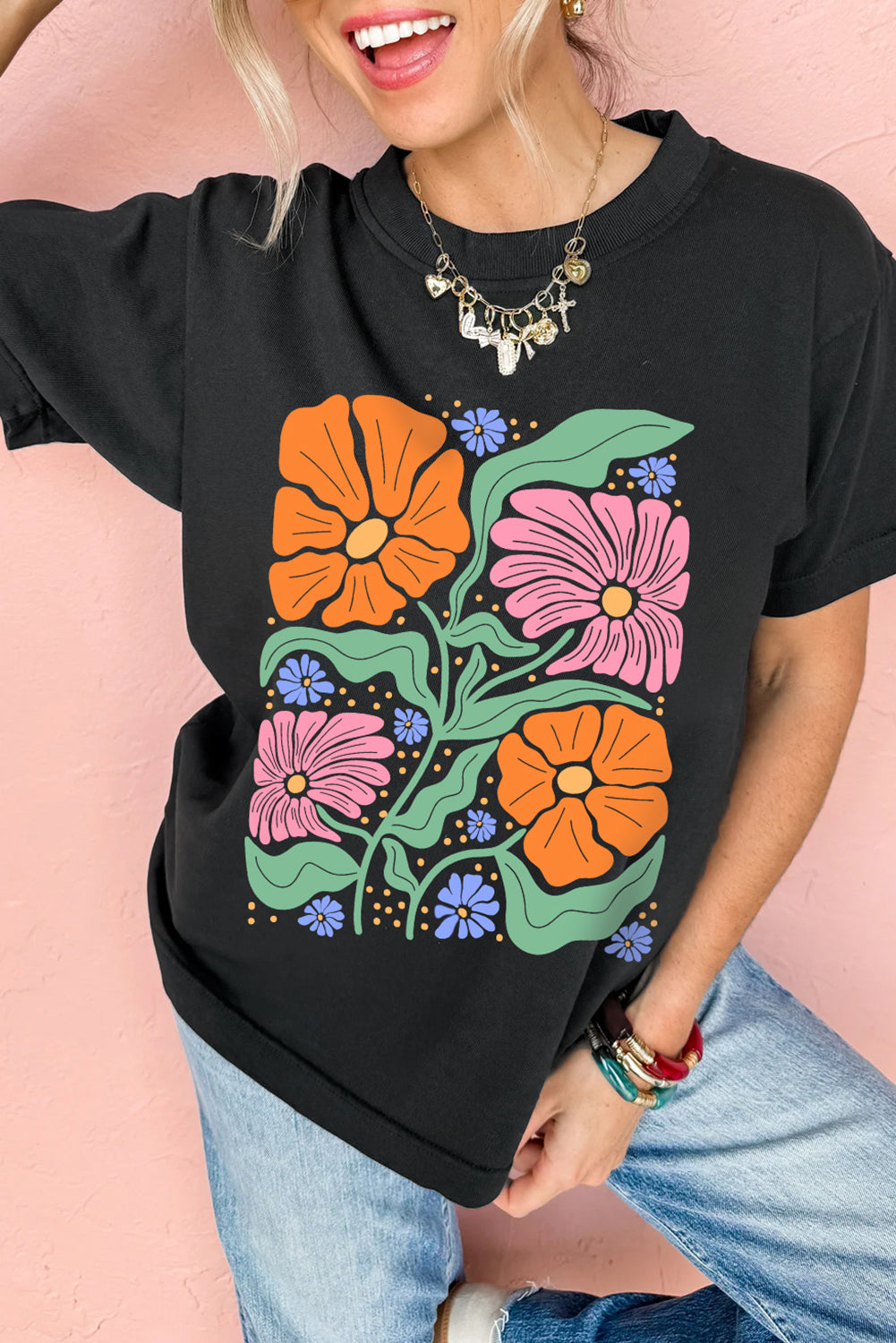 Black Colorful Flower Graphic Crewneck Summer Tee Graphic Tees JT's Designer Fashion