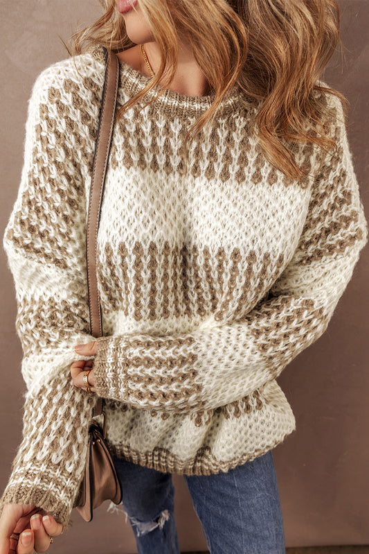 Brown Stripe Drop Shoulder Round Neck Loose Sweater Brown Stripe 100%Acrylic Sweaters JT's Designer Fashion