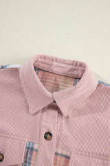 Light Pink Plaid Corduroy Patchwork Chest Pocket Shacket Plaid Shackets JT's Designer Fashion