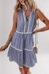 Blue Stripe Sleeveless Notched V Neck Contrast Ric Rac Mini Dress Mini Dresses JT's Designer Fashion
