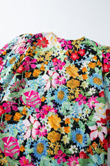 Green Floral Puff Sleeve V Neck Tassel Drawstring Dress Floral Dresses JT's Designer Fashion