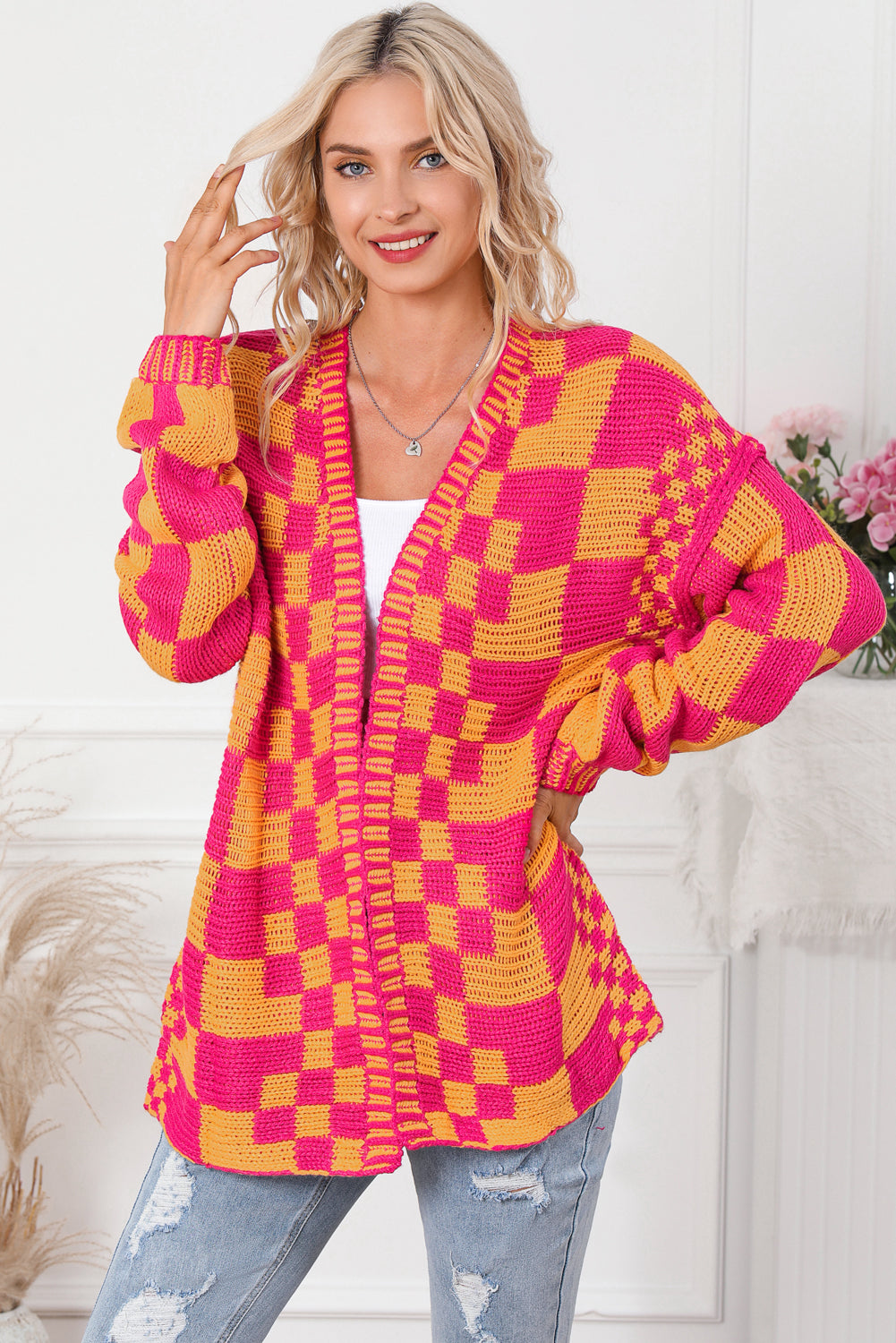 Multicolor Open Front Mixed Checkered Pattern Knit Cardigan Sweaters & Cardigans JT's Designer Fashion
