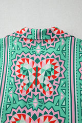 Mint Green Geometric Butterfly Print Split Neck Short Sleeve Dress Mini Dresses JT's Designer Fashion