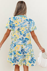 Blue Floral Striped Trim Puff Short Sleeve Dress Floral Dresses JT's Designer Fashion