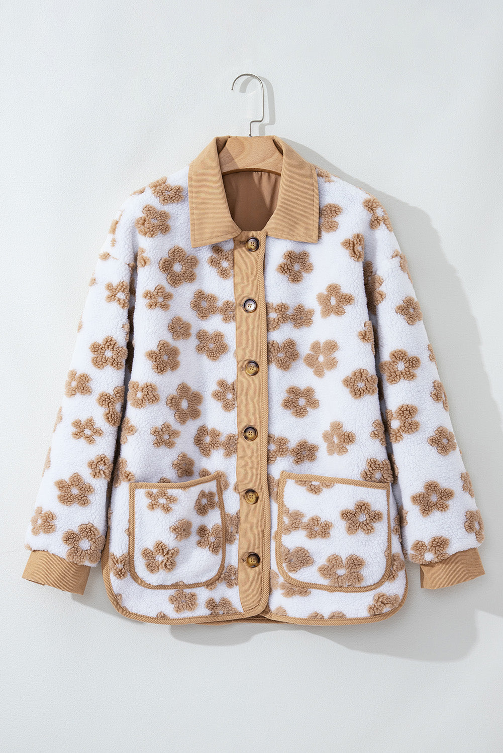 Light French Beige Cute Flower Pattern Button Up Fleece Jacket Jackets JT's Designer Fashion
