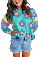 Sky Blue Floral Color Block Long Sleeve Loose Top Long Sleeve Tops JT's Designer Fashion