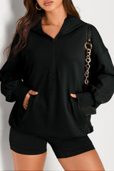 Black Solid Kangaroo Pocket Half Zipper Oversized Hoodie Sweatshirts & Hoodies JT's Designer Fashion
