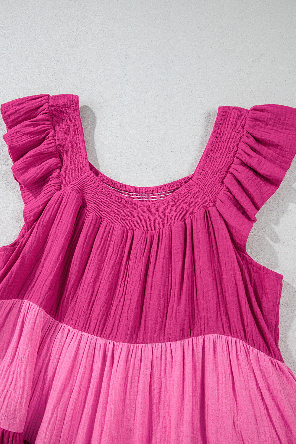 Pink Crinkled Colorblock Patchwork Flutter Tiered Mini Dress Mini Dresses JT's Designer Fashion