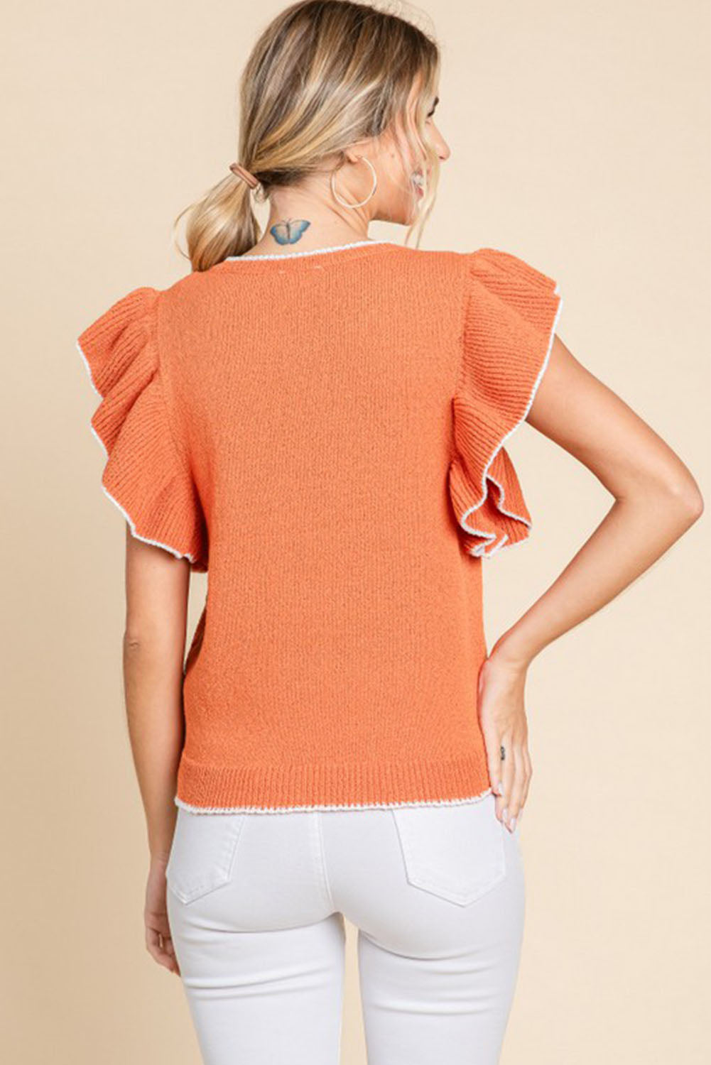 Russet Orange Contrast Trim Ruffle Sleeve Knitted Top Sweaters & Cardigans JT's Designer Fashion