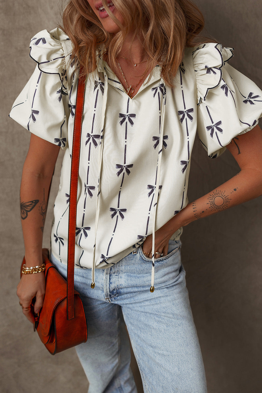 Beige Bow Printed Ruffled Bubble Sleeve Tied Notched V Neck Blouse Blouses & Shirts JT's Designer Fashion