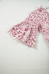 Pink Paisley Print Tiered 3/4 Sleeve Notched Neck Mini Dress Mini Dresses JT's Designer Fashion
