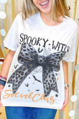 White SPOOKY WITCH Leopard Bowknot Bat Graphic Halloween T Shirt Graphic Tees JT's Designer Fashion