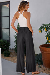 Black Side Pockets Frilled Smocked High Waist Wide Leg Jeans Jeans JT's Designer Fashion