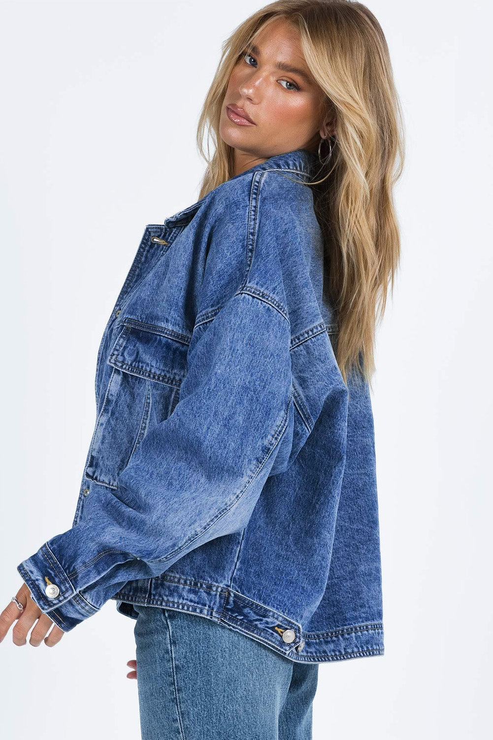 Blue Chest Pockets Drop Shoulder Loose Denim Jacket Denim Jackets JT's Designer Fashion