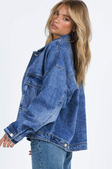 Blue Chest Pockets Drop Shoulder Loose Denim Jacket Denim Jackets JT's Designer Fashion