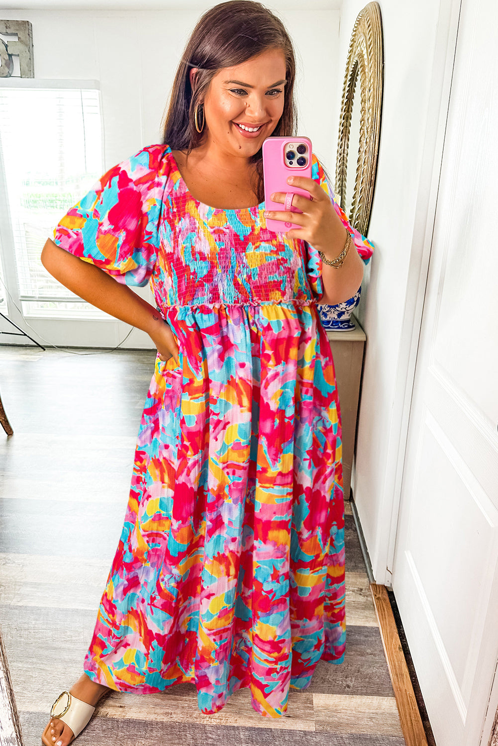Rose Abstract Printed Puff Sleeve Square Neck Smocked Bust Tied Back Plus Size Dress Plus Size Maxi Dresses JT's Designer Fashion