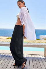 Black Drawstring Frilled Waist Wide Leg Utility Trousers Pants & Culotte JT's Designer Fashion