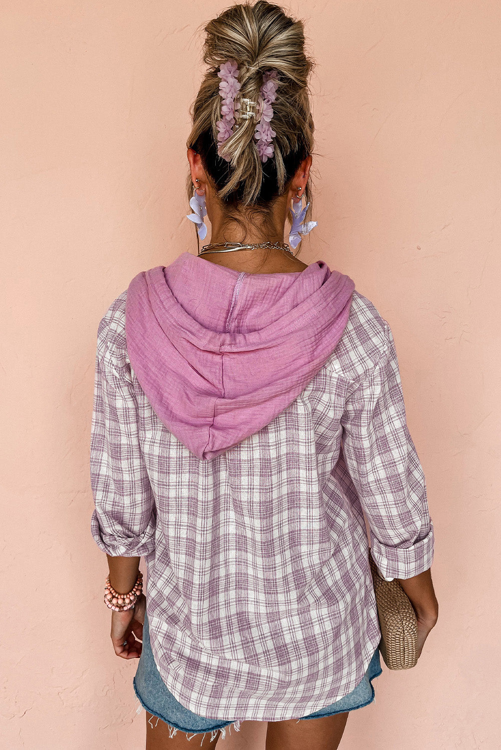 Pink Checkered Print Loose Fit Buttoned Hooded Shacket Plaid Shackets JT's Designer Fashion