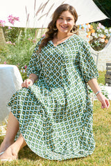 Green Geometric Floral Print Half Sleeve Plus Size Maxi Dress Plus Size Maxi Dresses JT's Designer Fashion