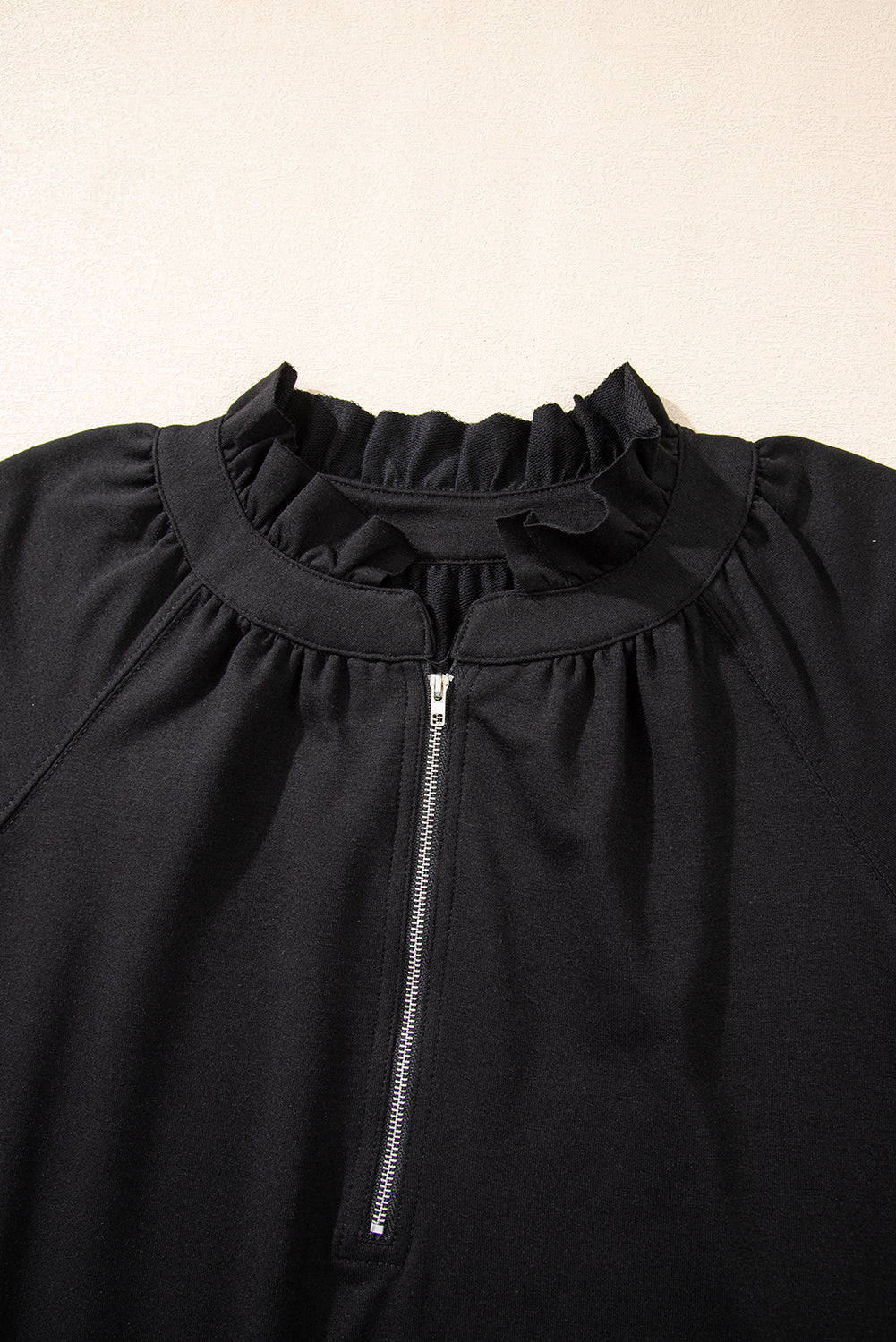 Black Half Zip Puff Sleeve Top and Ruffled Shorts Set Short Sets JT's Designer Fashion