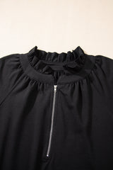 Black Half Zip Puff Sleeve Top and Ruffled Shorts Set Short Sets JT's Designer Fashion