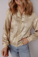 Pale Khaki Metallic Zip up Baseball Jacket Jackets JT's Designer Fashion