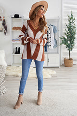 Brown Striped Colorblock V Neck Knitted Sweater Sweaters & Cardigans JT's Designer Fashion